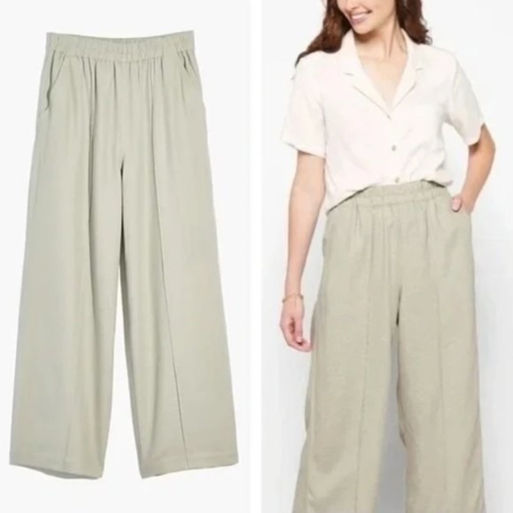 Madewell Breezewoven Linen Blend Elastic Waist Crop Seam Front Pant Sage Green M